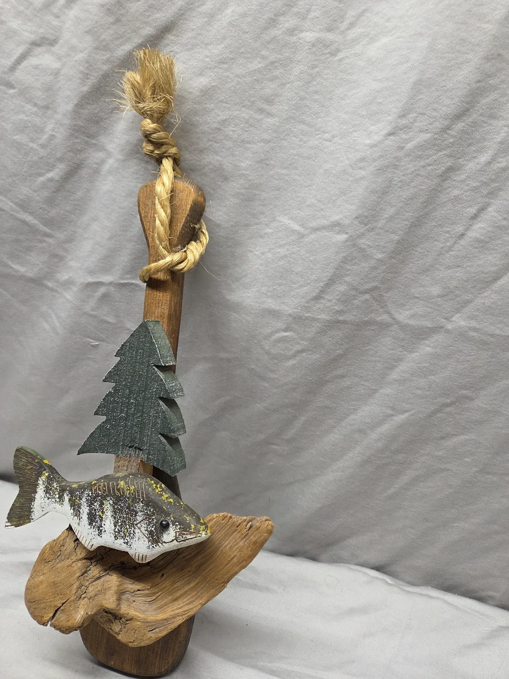 Handcrafted Driftwood Fish Ornament with Green Tree Accent